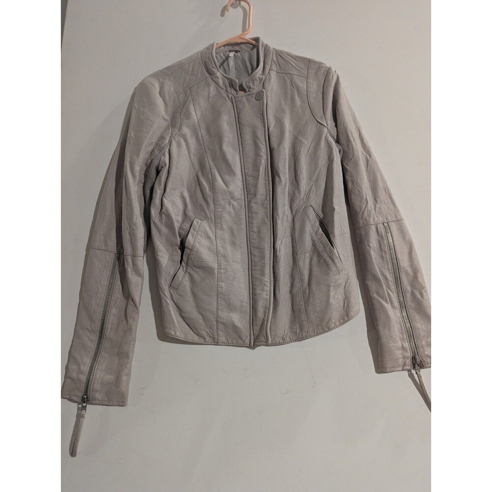 Free People Moto Distressed Faux Suede Jacket SZ 12 Taupe Biker Boho Edgy Grunge
